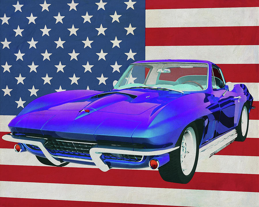Chevrolet Corvette Stingray 427 1967 with flag of the U.S.A. Painting by Jan Keteleer