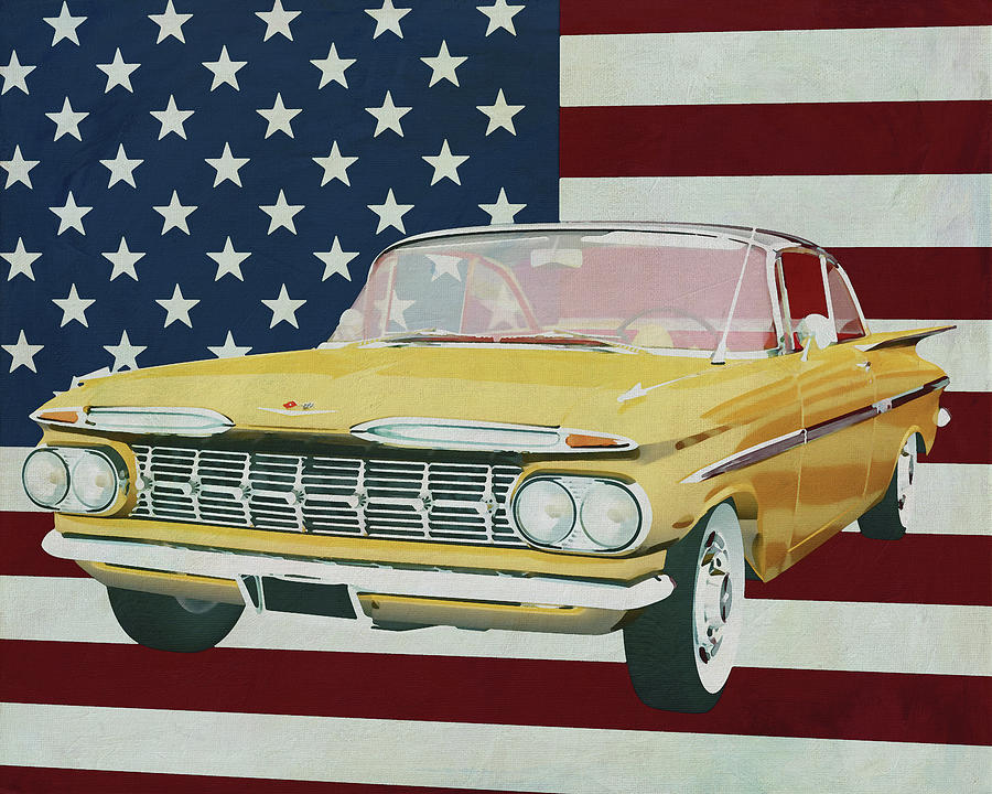 Chevrolet Impala 1959 with flag of the U.S.A. Painting by Jan Keteleer