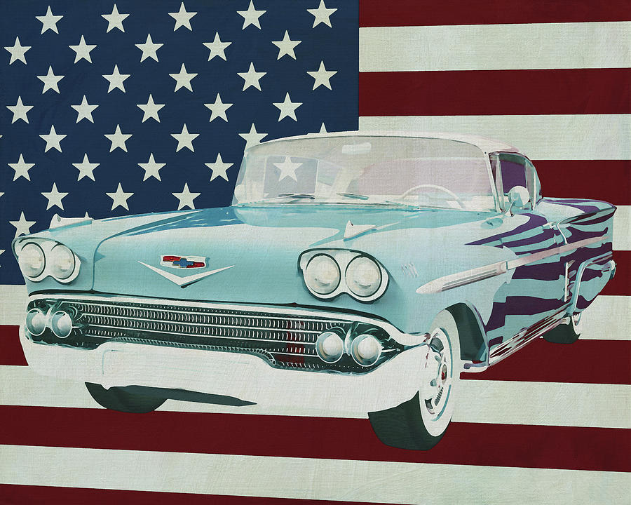 Chevrolet Impala Special Sport Coupe 1958 with flag of the U.S.A. Painting by Jan Keteleer