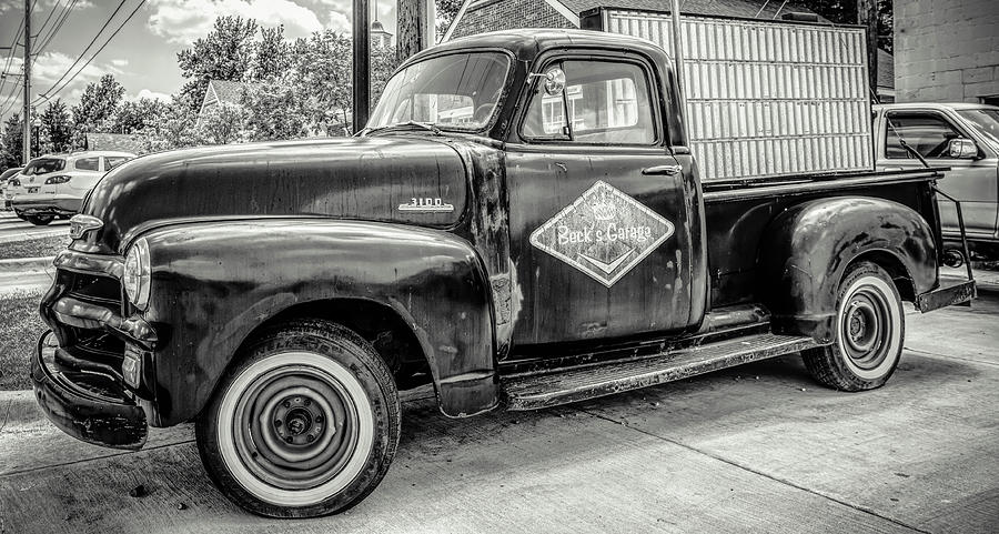 Chevy 3100 Pickup Truck at Becks Garage in Oklahoma City in B/W Photograph by Peter Ciro