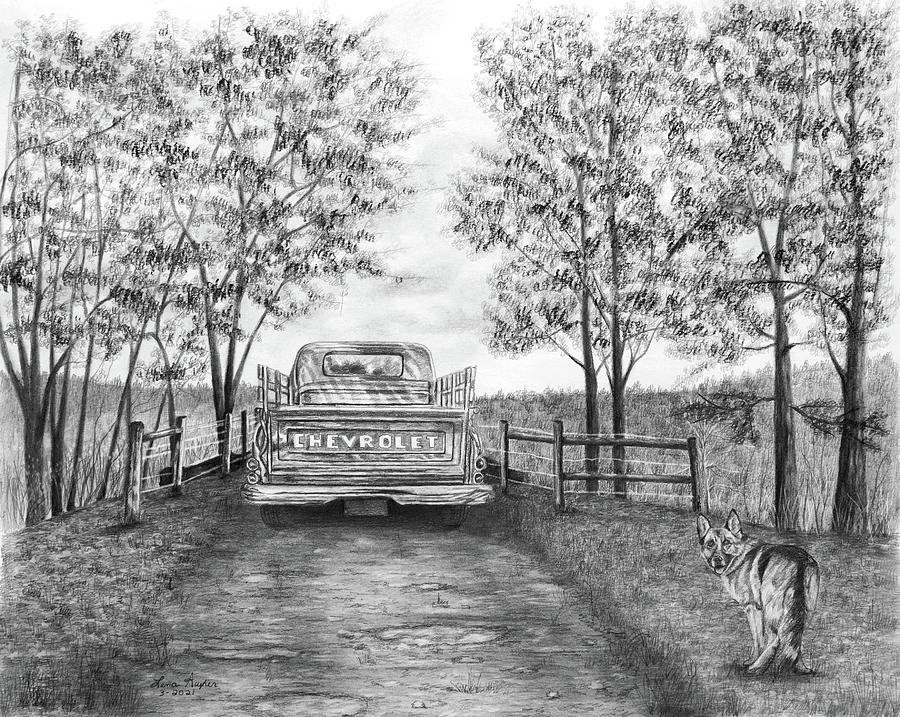 Tree Drawing - Chevy and a German Shepherd by Lena Auxier