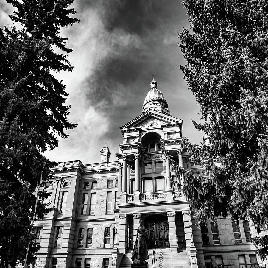 Capitol Building Photograph - Cheyenne Wyoming Capitol Building and Trees in Black and White 1x1 by Gregory Ballos
