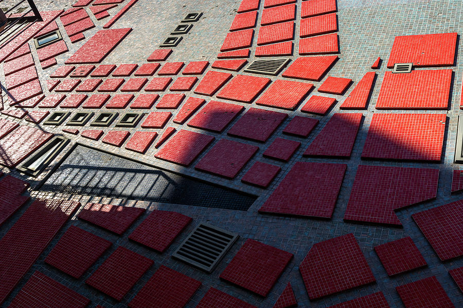 Chic Geometrical Azulejos - Groovy Modern Tessellation in Crimson and Slate - Left Photograph by Georgia Mizuleva