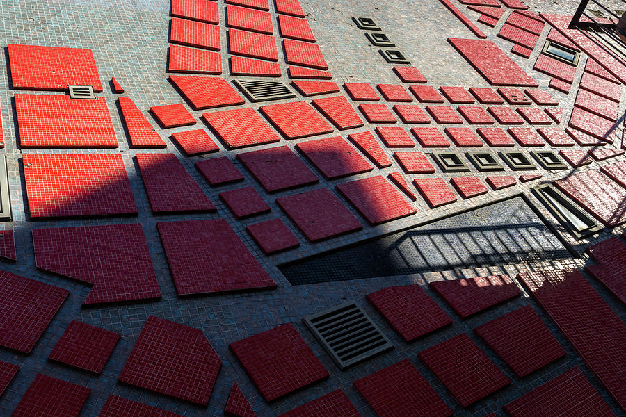 Chic Geometrical Azulejos - Groovy Modern Tessellation in Crimson and Slate - Right Photograph by Georgia Mizuleva