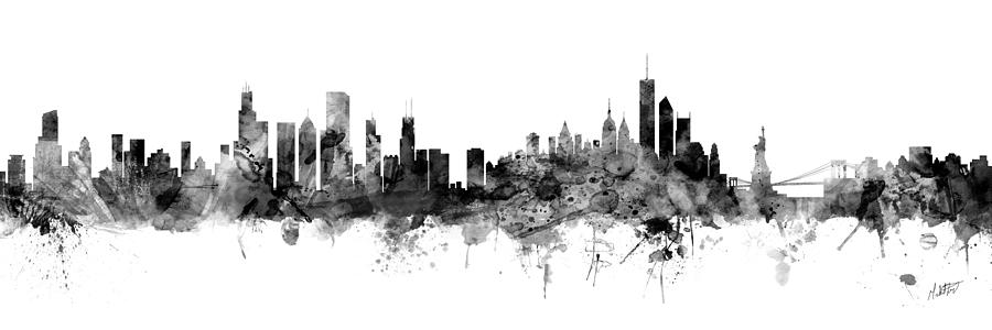 Chicago Digital Art - Chicago and New York Skylines Mashup SIGNED by Michael Tompsett