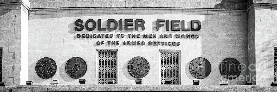 Chicago Bears Soldier Field Sign Panorama Black and White Photo Photograph by Paul Velgos