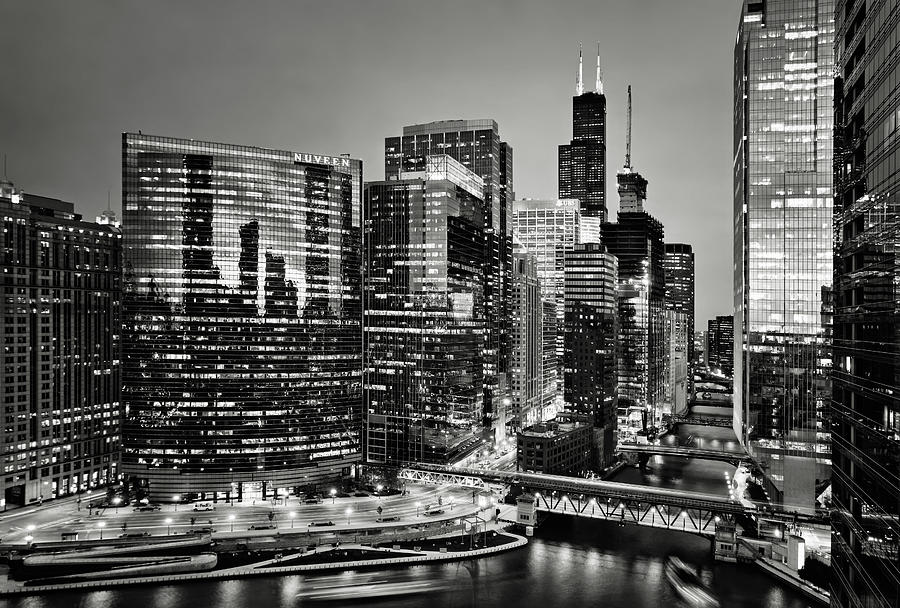 Chicago Bridges At Night Monochromatic Photograph