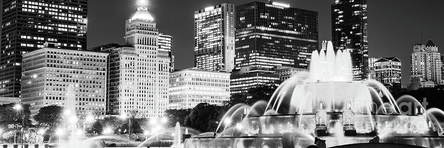 Chicago Buckingham Fountain at Night Black and White Panorama Ph Photograph by Paul Velgos