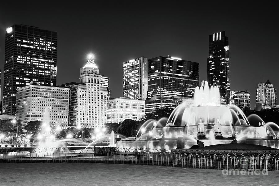Chicago Buckingham Fountain at Night Black and White Photo Photograph by Paul Velgos