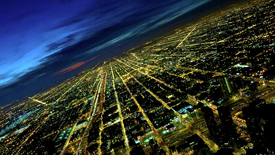Chicago City Lights Sunset Aerial Photograph by Patrick Malon