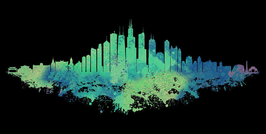 Chicago City Skyline - Mint Green Watercolor on Black Background