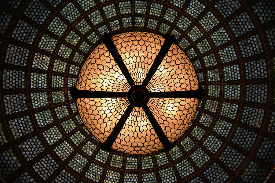 Chicago Photograph - Chicago City View Architectural Lines Cultural Center Dome 02 With Ceiling Light Fixture by Thomas Woolworth