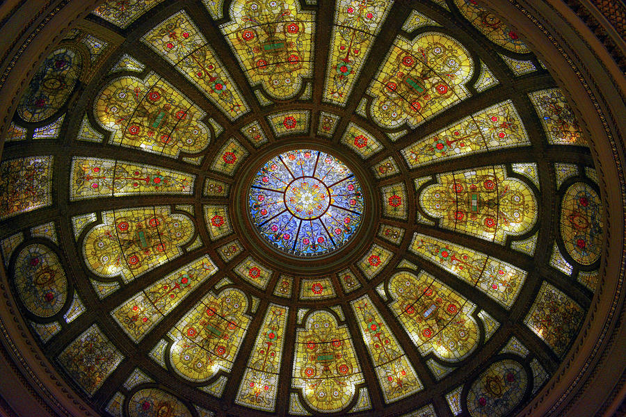 Chicago Photograph - Chicago City View Architectural Lines Cultural Center Dome Ceiling 02 by Thomas Woolworth