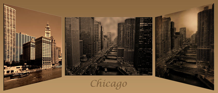 Chicago City View December By The River 3 Panel Sepia 02 Photograph by Thomas Woolworth