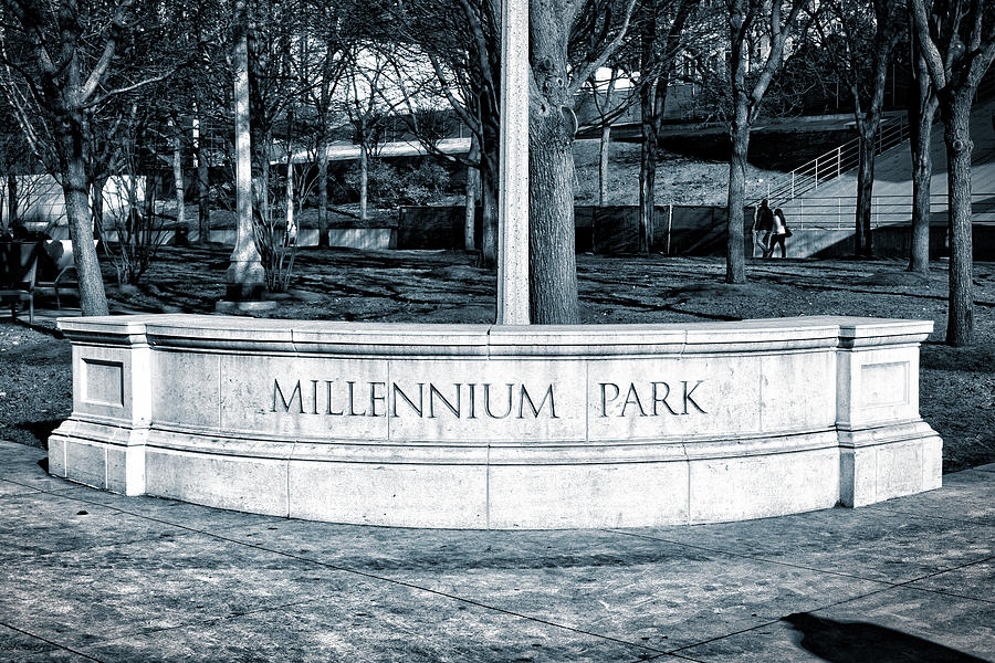Chicago City View December Millennium Park Stone Signage BW Photograph by Thomas Woolworth