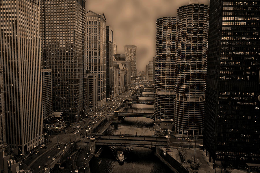 Chicago Photograph - Chicago City View December Tour Boat Ride On The River Sepia by Thomas Woolworth