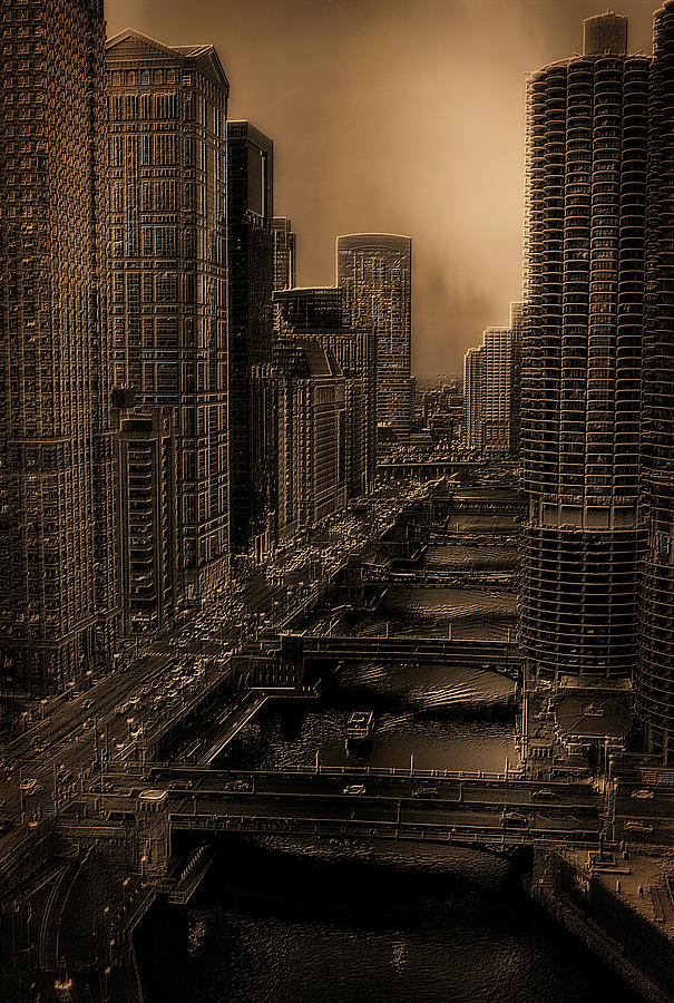 Chicago Photograph - Chicago City View December Tour Boat Ride On The River Sepia Vertical 02 by Thomas Woolworth