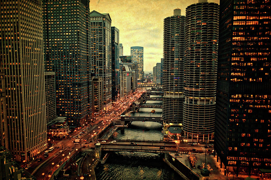 Chicago City View December Tour Boat Ride On The River Textured 02 Photograph by Thomas Woolworth