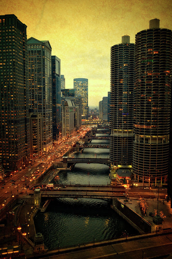 Chicago Photograph - Chicago City View In December By The River Textured Vertical by Thomas Woolworth