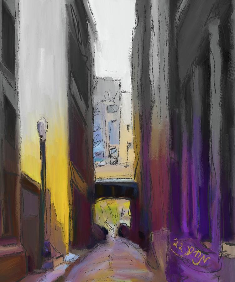 Chicago downtown alley single streetlight at dusk in purple yellow acrylic charcoal Batman Gotham Painting by Mendyz