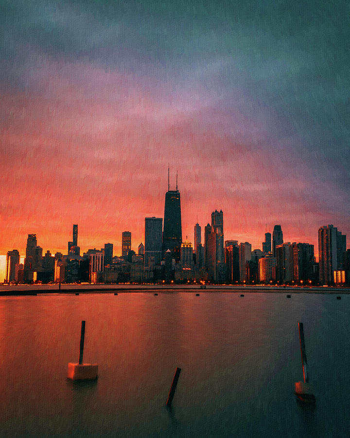 Chicago from the lake Michigan in watercolor, landscape, nature, fine ...