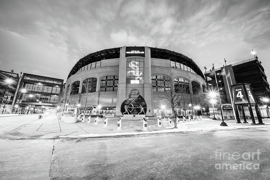 Chicago Guaranteed Rate Field At Night Black and White Photo Photograph by Paul Velgos