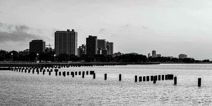 Black And White Photograph - Chicago Illinois Lake Michigan Panorama - Black and White by Gregory Ballos