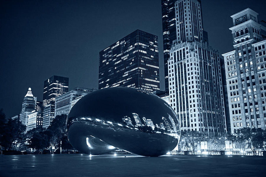 Chicago Illinois Millennium Park Bean Sculpture at Night Cloud Gate Sculpture Monochrome Blue Nights Photograph by Toby McGuire