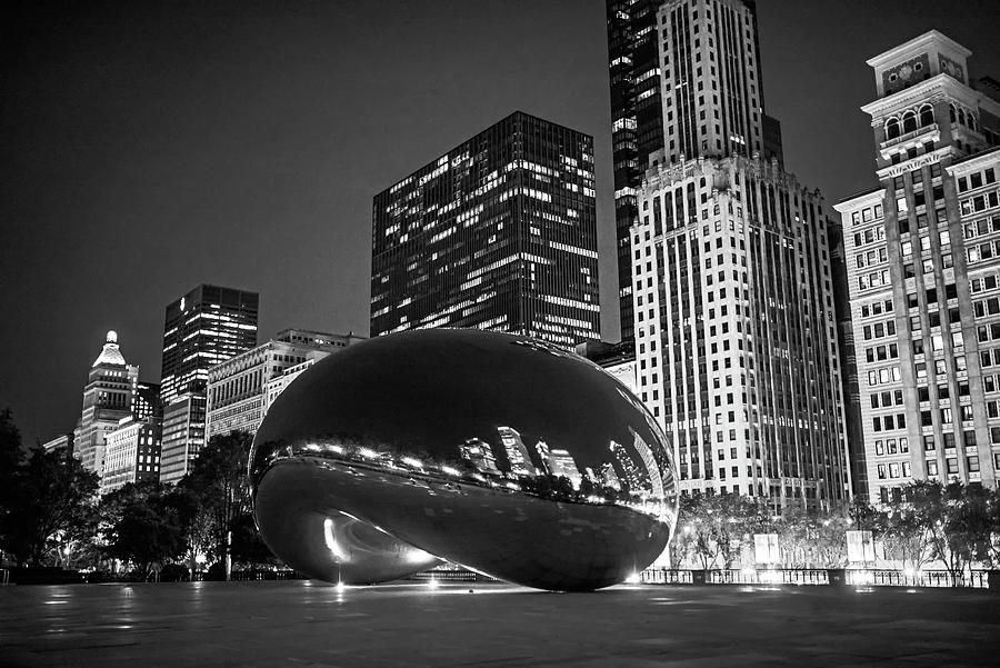 Chicago Illinois Millennium Park Bean Sculpture at Night Cloud Gate Sculpture Skyline Reflection BW Photograph by Toby McGuire