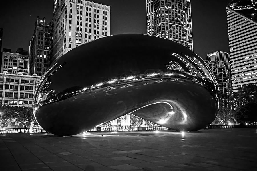 Chicago Illinois Millennium Park The Bean Sculpture at Night Cloud Gate Sculpture Black and White Photograph by Toby McGuire