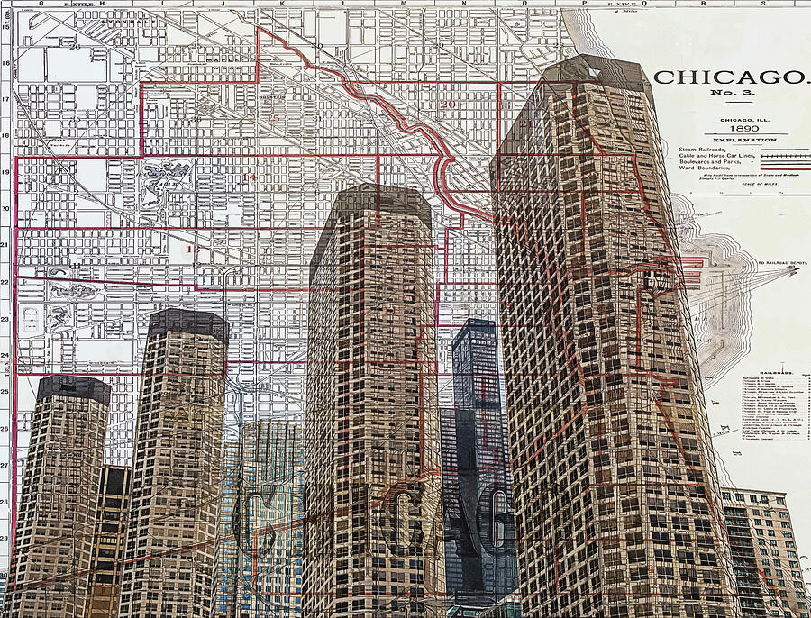 Chicago Illinois Skyline And Map Mixed Media by Dan Sproul Chicago Illinois Skyline And Map Mixed Media by Dan Sproul