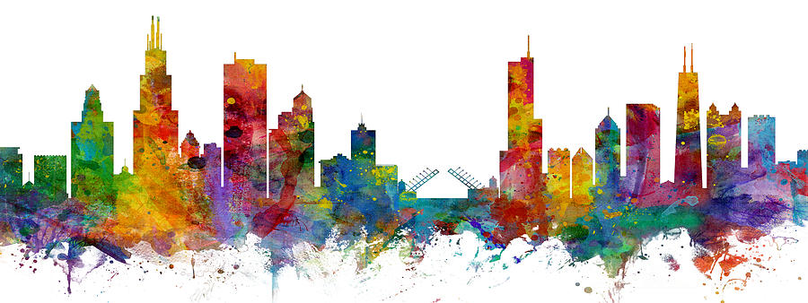 Chicago Illinois Skyline Custom Panoramic Digital Art by Michael Tompsett