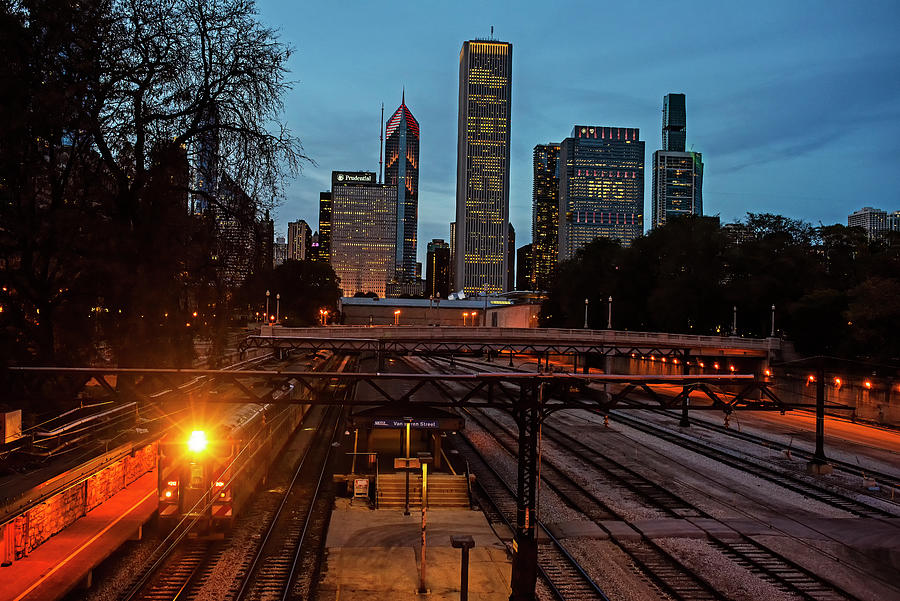 Chicago Illinois Skyline Train Tracks at Night Photograph by Toby McGuire