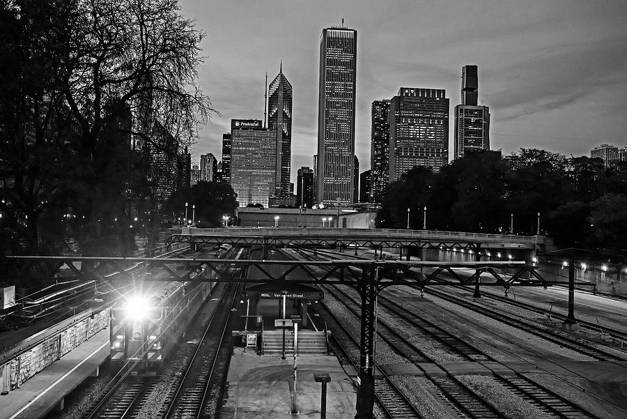 Chicago Illinois Train Light and Train Tracks Black and White Photograph by Toby McGuire