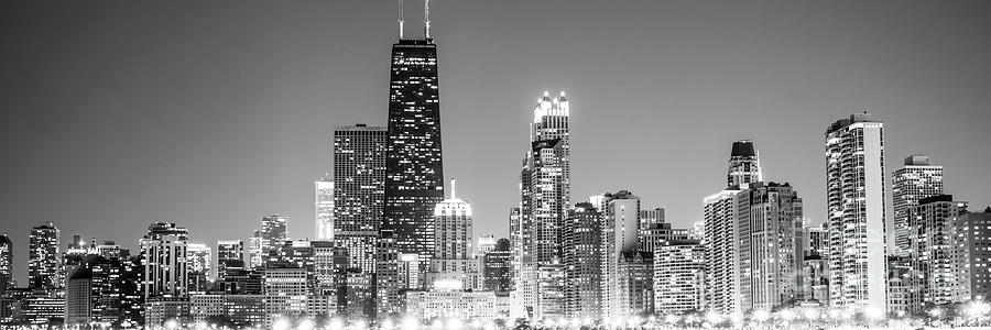 Chicago Lakefront Skyline Black and White Panoramic Photo Photograph by Paul Velgos