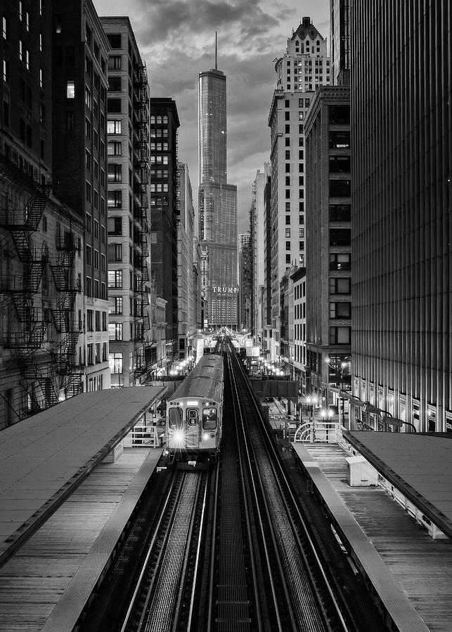  Chicago loop at night mono Photograph by Eduard Moldoveanu
