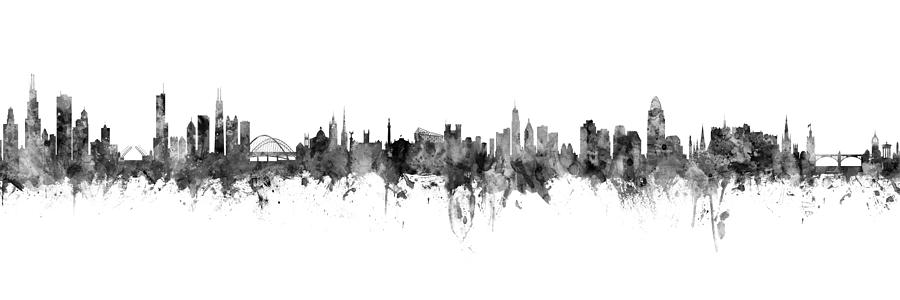 Chicago, Newcastle, Cincinnati and Edinburgh Skylines Mashup Digital Art by Michael Tompsett