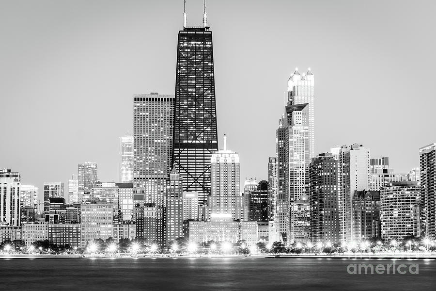 Chicago Night Skyline Black and White Photo Photograph by Paul Velgos