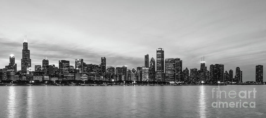 Chicago Night Skyline Grayscale Photograph by Jennifer White