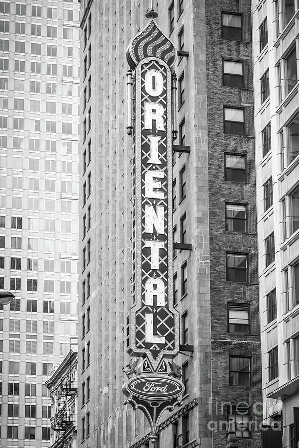 Chicago Oriental Theater Sign Black and White Photo Photograph by Paul Velgos