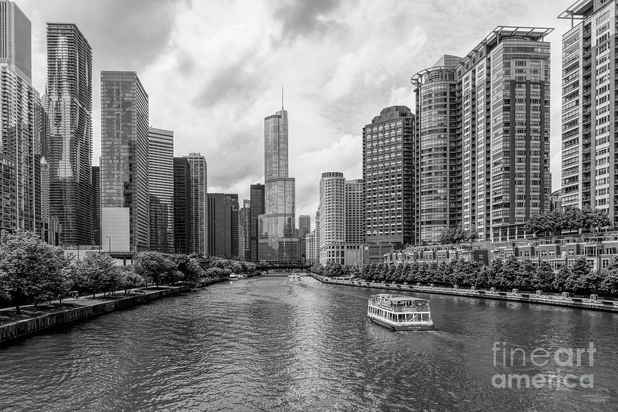 Chicago River and Trump Tower Grayscale Photograph by Jennifer White