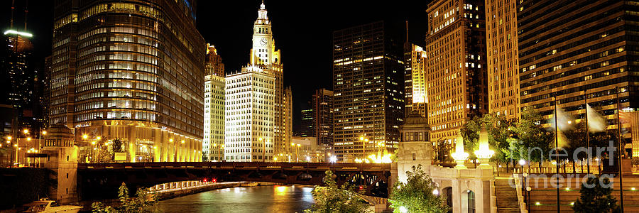 Chicago River Buildings at Night Panorama Photo Photograph by Paul Velgos