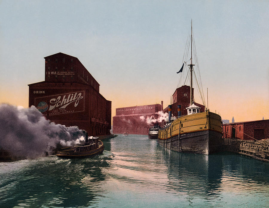 Chicago River Elevators And Ships - Illinois Circa 1900 Photograph