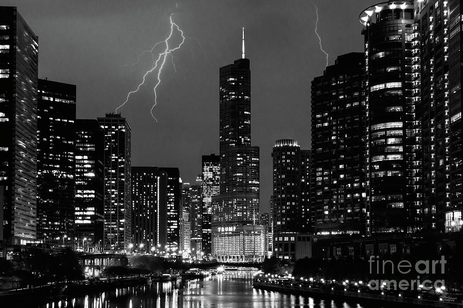 Chicago River Lightning Storm Grayscale Photograph by Jennifer White