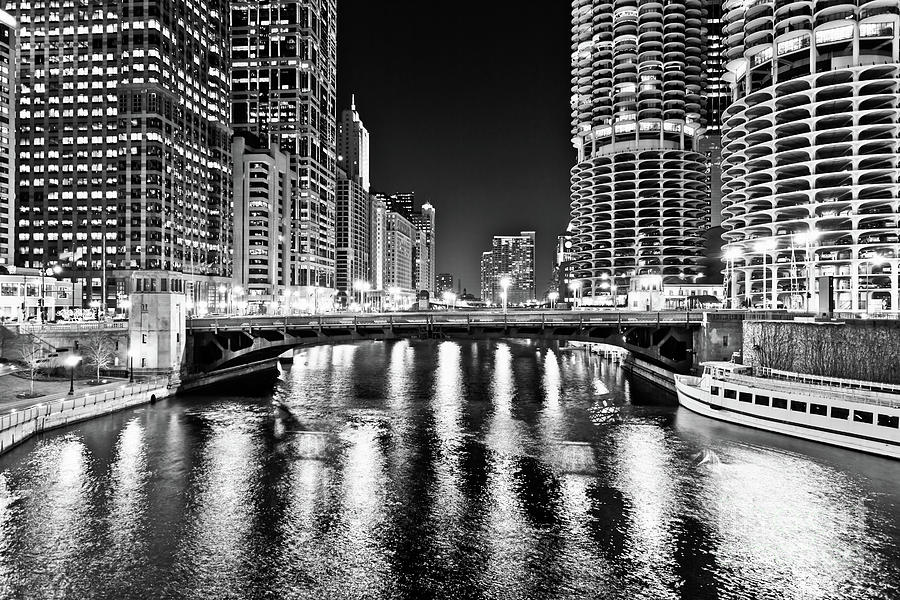 Chicago River Night Skyline Black and White Photo Photograph by Paul Velgos