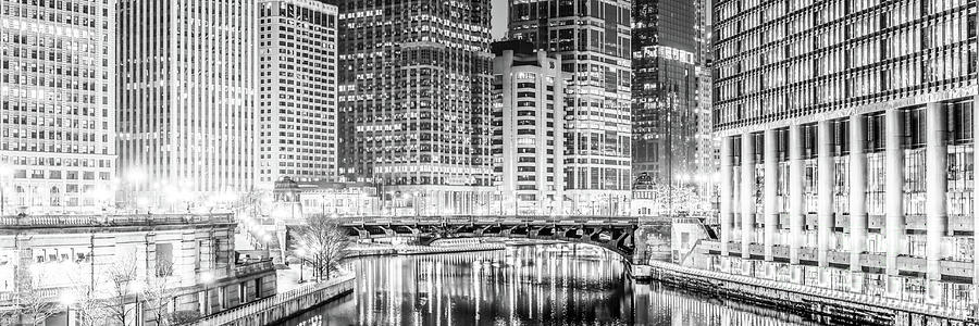 Chicago River Skyline at Night Hi-Res Black and White Panorama P Photograph by Paul Velgos