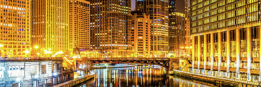 Chicago River Skyline at Night Panorama Photograph by Paul Velgos