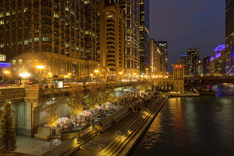 Chicago Riverwalk Restaurants at Night Photograph by Lindley Johnson