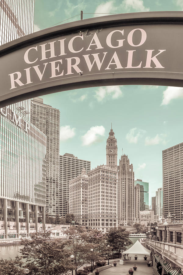 Chicago Photograph - CHICAGO Riverwalk - urban vintage style by Melanie Viola