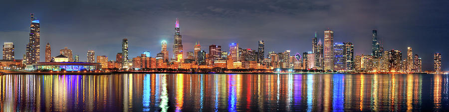 Chicago Skyline 2021 NIGHT Panorama 1 to 4 ratio Extra Wide Photograph by Jon Holiday